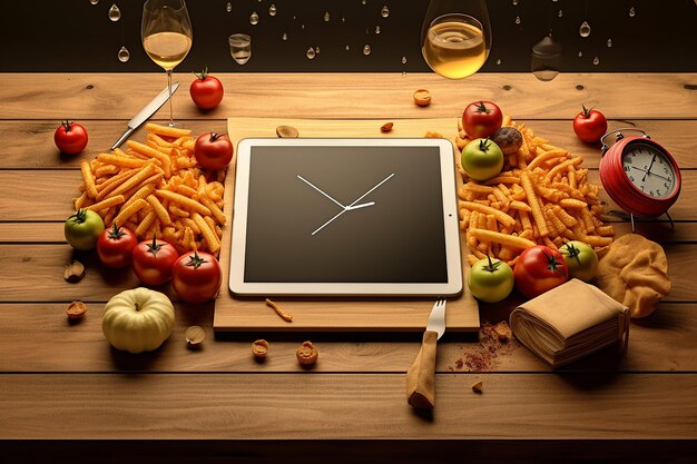 Photo a clock on a table with a clock and some pasta and vegetables