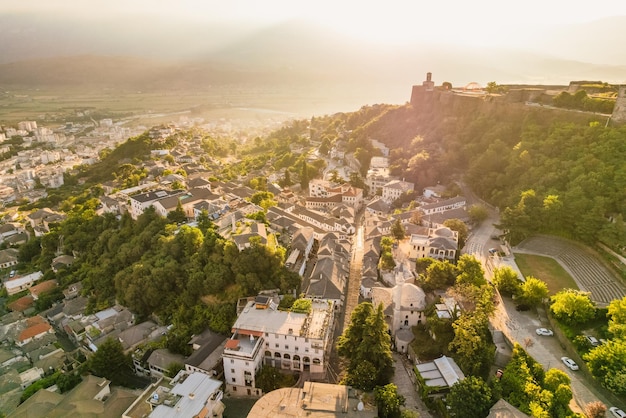 Clock tower in the castle in Gjirokaster Albania view at the town of Gjirokastra on Albania Unesco world heritage