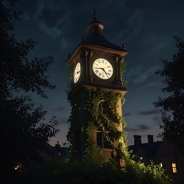 Photo a clock tower entwined with luminous ivy its leaves flickering with bioluminescent light at dusk ai