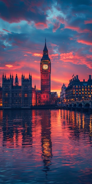 a clock tower is lit up at sunset