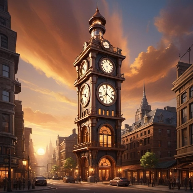 a clock tower is shown in the middle of a street