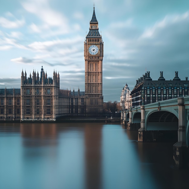 a clock tower is above the water and the bridge is in the background