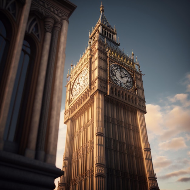 A clock tower with clouds on background