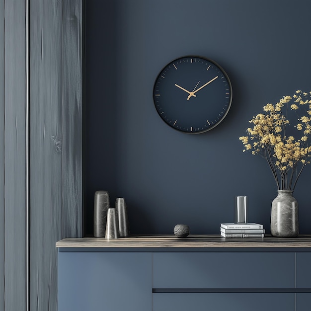 A clock on a wall next to a vase of flowers