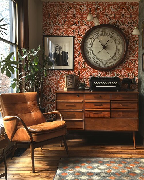 a clock on a wall with a plant in the corner of the room