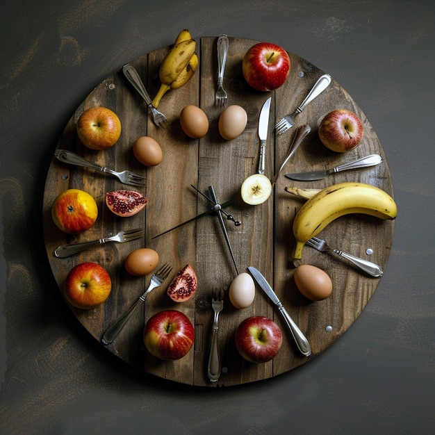 a clock with a banana and apples on it