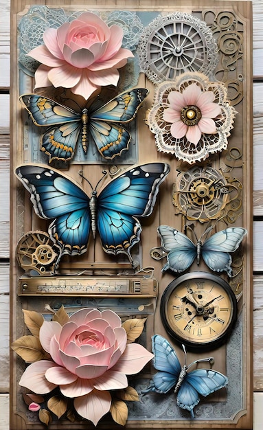 a clock with butterflies and a card that says  the time of 11  05