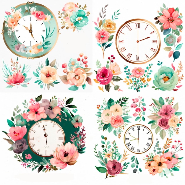 a clock with flowers and a clock that says time boho rose