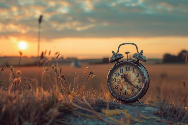 Photo a clock with the hands at 300 and 600 sits on a grassy hillside