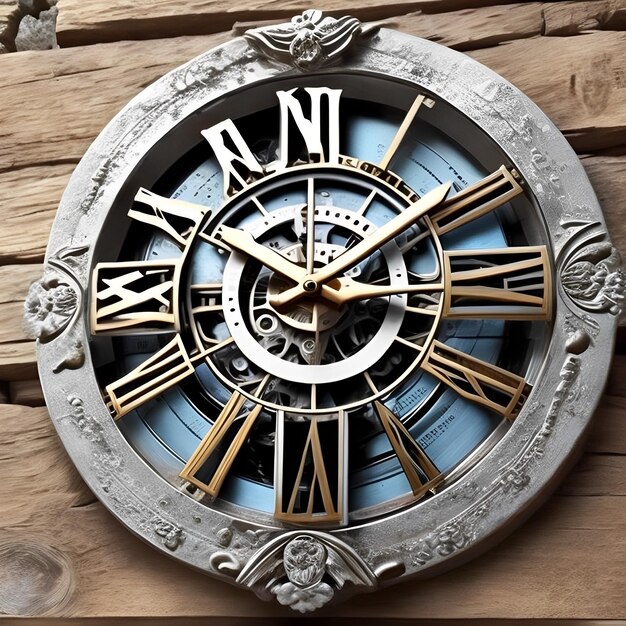 A clock with the hands on the roman numerals is displayed on a wall.