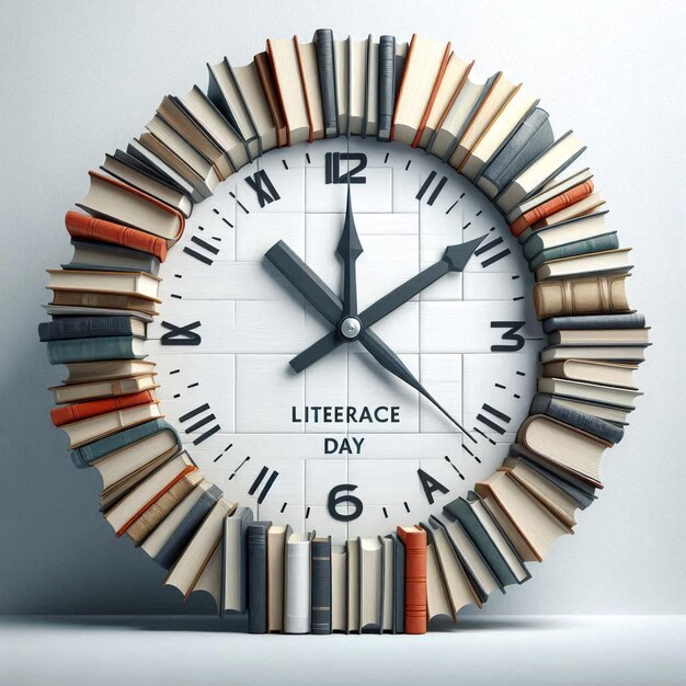 a clock with a lot of books on the face