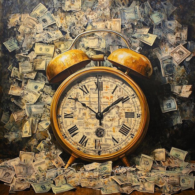 Photo a clock with the number 10 on it is surrounded by money