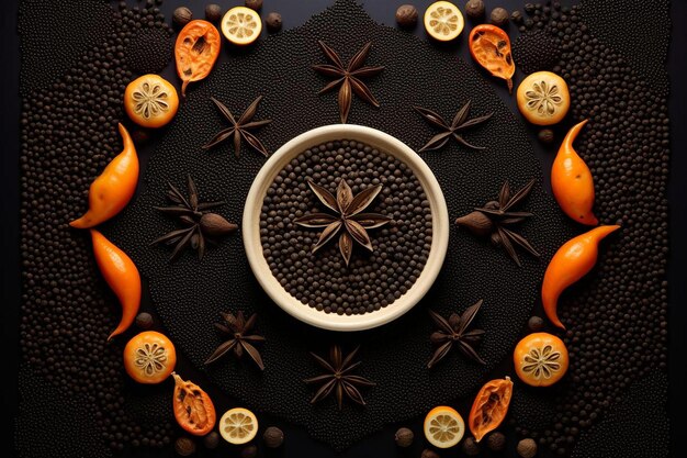 a clock with oranges and a round plate with a star shaped design on it.