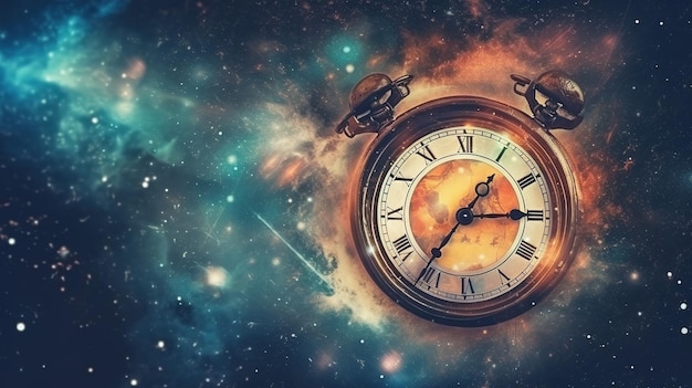 A clock with roman numerals is in the center of a galaxy.