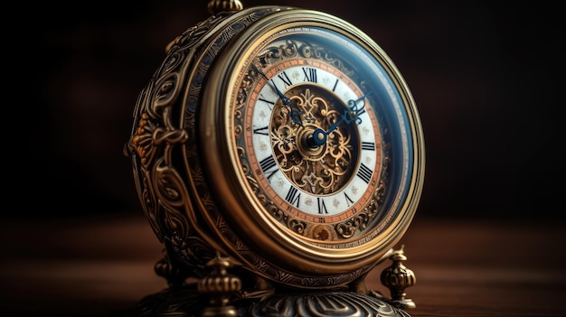 a clock with roman numerals on it sits on a table.