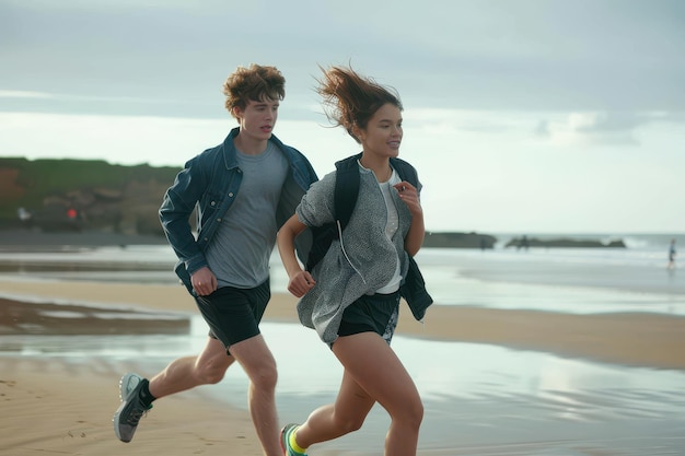 Photo clocking some extra miles along the coast shot of a young couple running along the beach