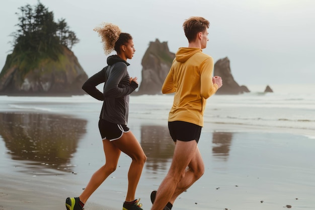 Photo clocking some extra miles along the coast shot of a young couple running along the beach