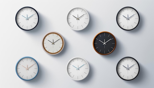 Photo clocks arranged on a wall showcasing different designs and colors in a modern living space