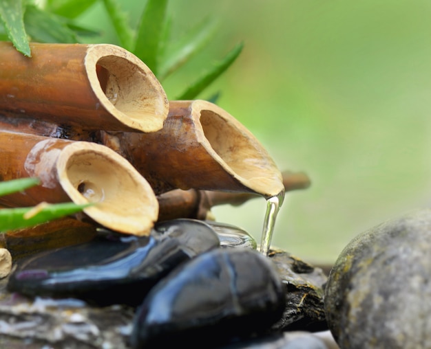 Close on a bamboo fountain with water flowing on black stones on green 