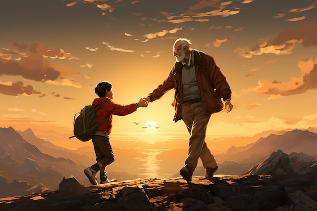 A close bond captured as a grandpa and his grandchild walk hand in hand Generative Ai