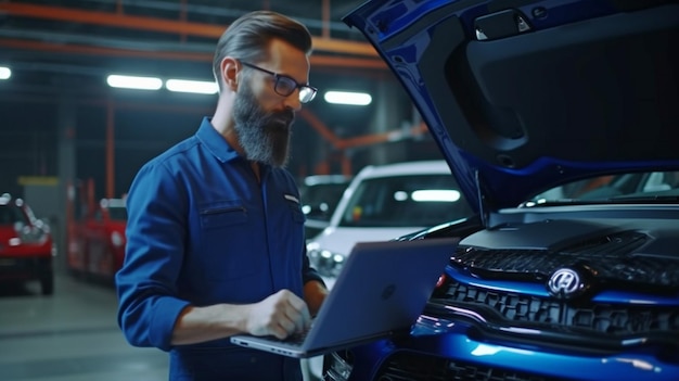 Close to the engine of the car is a mechanic with a laptop Generative AI modern auto diagnostic software