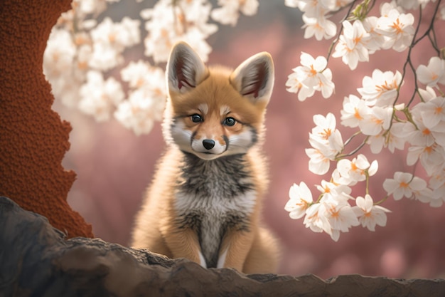 Close look of baby fox under cherry blossom tree