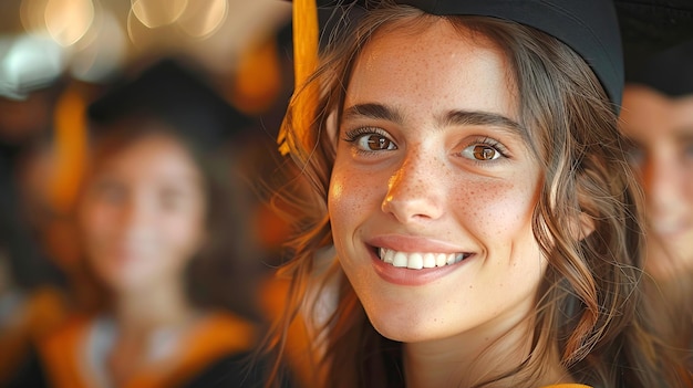 Close portrait of graduate girl beaming with joy and pride Education and graduation theme