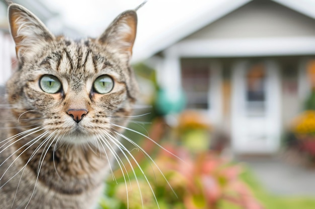 A close portrait of a striped cat outside of a home Her nose is very close to the camera lens