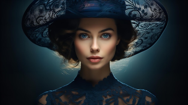 Close shot of an attractive European woman in blue hat and traditional dress Generative AI