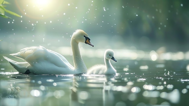 A close shot of baby swans swimming in water with a big space for text or product advertisement background Generative AI