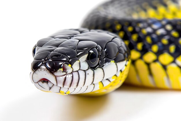 A close shot of black and yellow snake over a studio white backdrop and a big space for text or background Generative AI