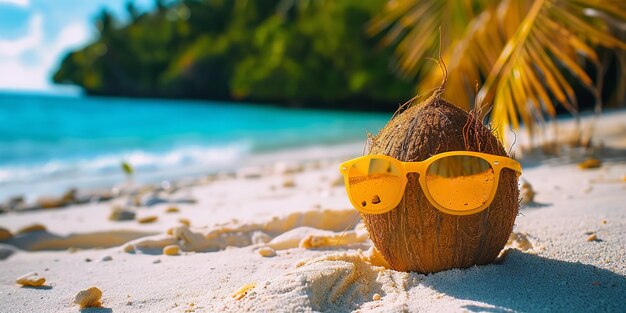 A close shot of a coconut wearing sunglass at sea beach sitting on sand with a blurry sea beach view and palm leaves and space for text or summer background Generative AI