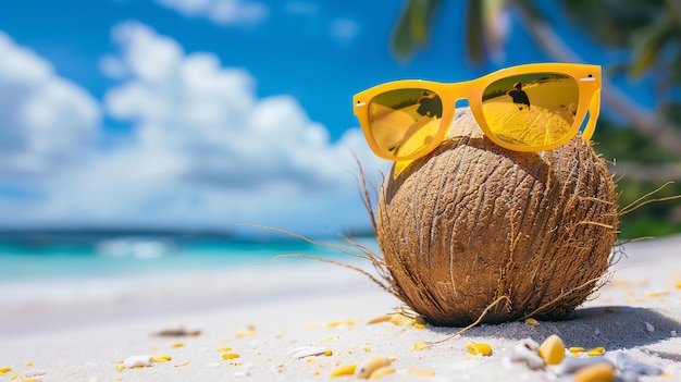 A close shot of a coconut wearing sunglass at sea beach sitting on sand with a blurry sea beach view and palm leaves and space for text or summer background Generative AI