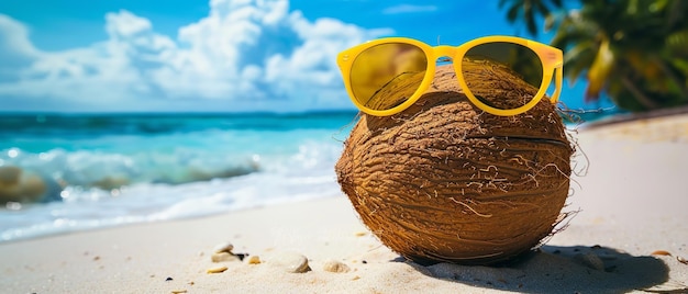 A close shot of a coconut wearing sunglass at sea beach sitting on sand with a blurry sea beach view and palm leaves and space for text or summer background Generative AI