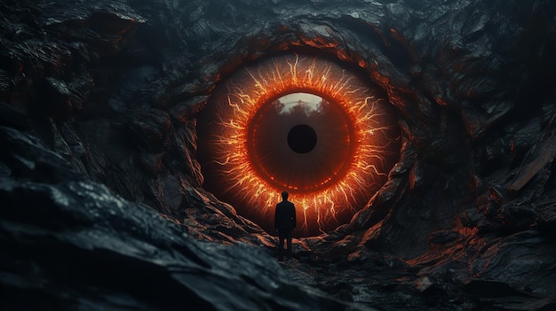 Close shot of a eye with fire flames inside it Generative AI