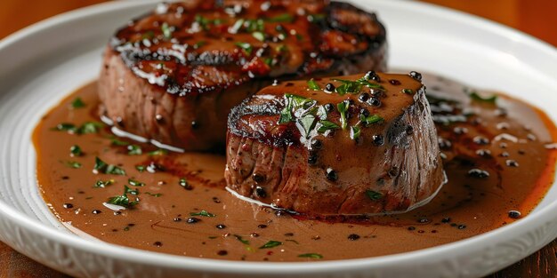 Close shot of fillet steak topped with peppercorn sauce kept on a white plate with space for text or product advertisement Generative AI