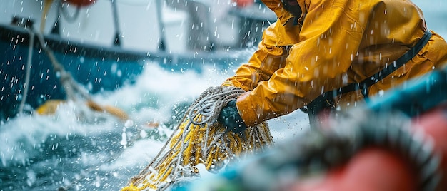 Close shot of a fisherman fishing in a rough weather in sea wearing raincoat with space for text or backdrop Generative AI