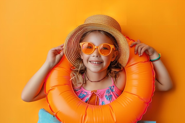 Photo a close shot of a girl in a summer theme with inflatable ring on clean orange background and a big space for text or product advertisement purpose generative ai