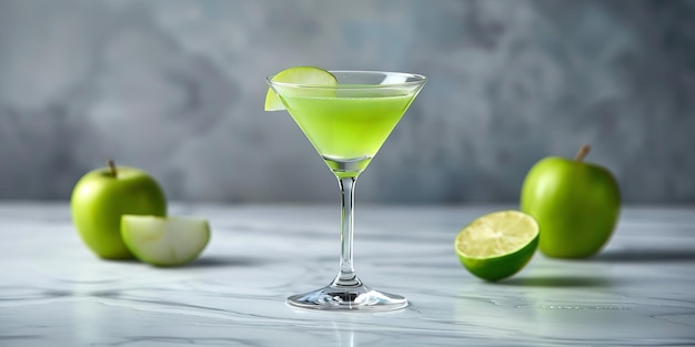 A close shot of green apple martini cocktail decorated with apples on plain studio clean backdrop and a big space on it for text or background use Generative AI