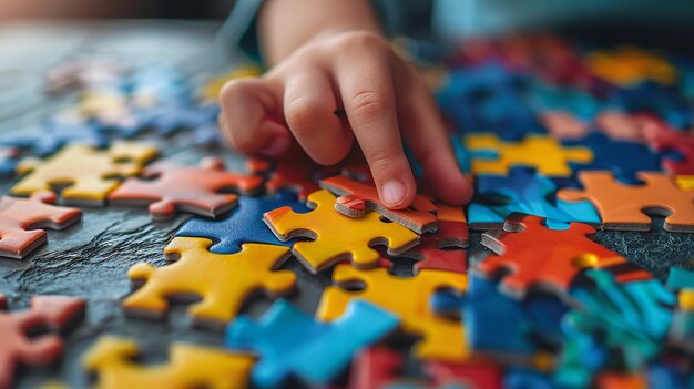 Close shot of kids hand playing with puzzles with a big space for text or product advertisement Generative AI