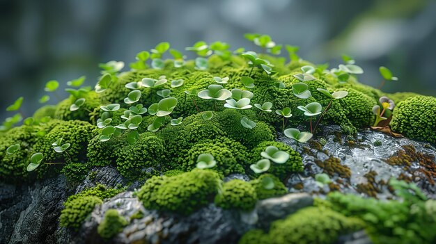 A close shot of liverwort among woods with a big blurry nature backdrop and space for text or product advertisement background Generative AI