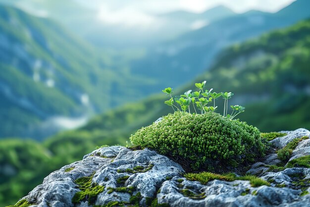 A close shot of liverwort among woods with a big blurry nature backdrop and space for text or product advertisement background Generative AI