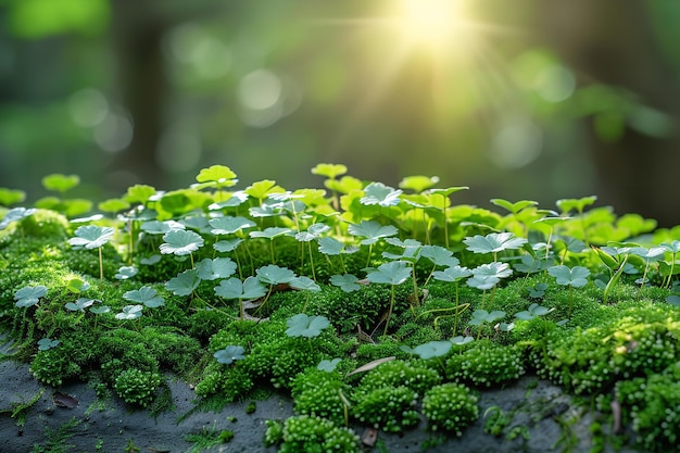 A close shot of liverwort among woods with a big blurry nature backdrop and space for text or product advertisement background Generative AI