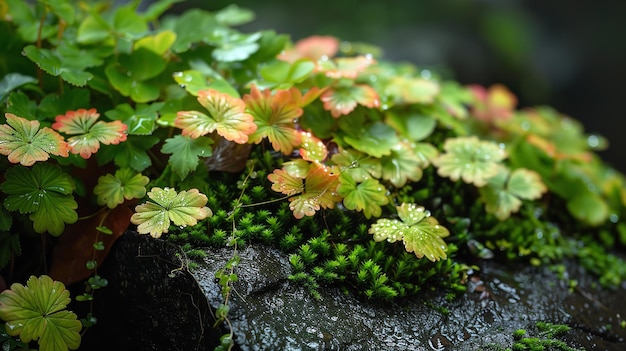 A close shot of liverwort among woods with a big blurry nature backdrop and space for text or product advertisement background Generative AI