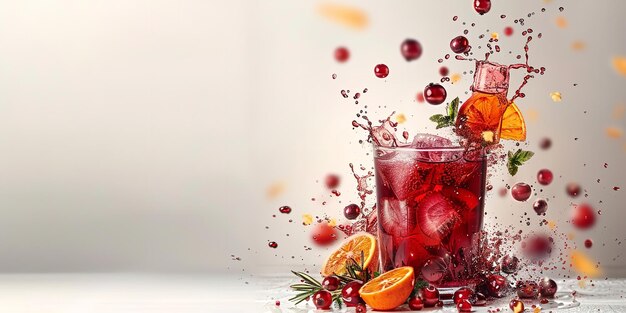 A close shot of mulled wine with ingredients flying over it with a big space for text or product advertisement background against a clean white backdrop Generative AI