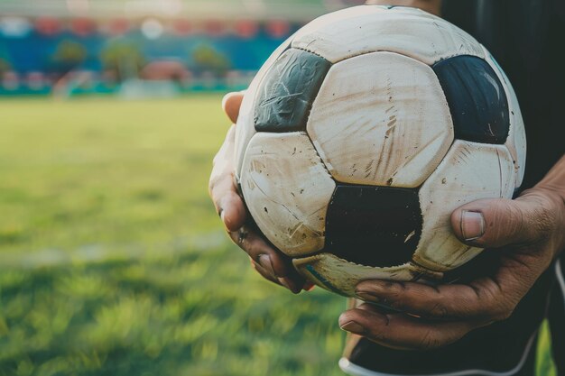 Photo a close shot of a person holding a wellworn soccer ball on a grassy field promising action and passion in an upcoming game