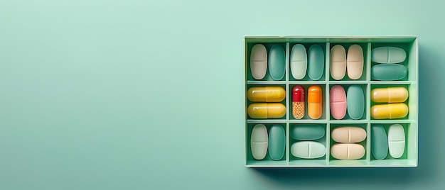 Photo a close shot of plastic box featuring space for text and a grid of various pills set against a gentle green background generative ai