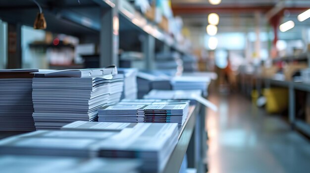 Photo a close shot of a press printing marketing leaflets a bulk of leaflets are kept on table with a blurry printing area backdrop with space on it for text generative ai