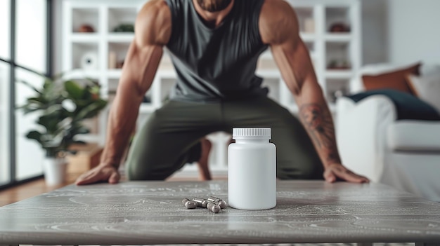 Photo a close shot of a supplement bottle with a person doing pushup in blurry background with a big space for text or product backdrop generative ai