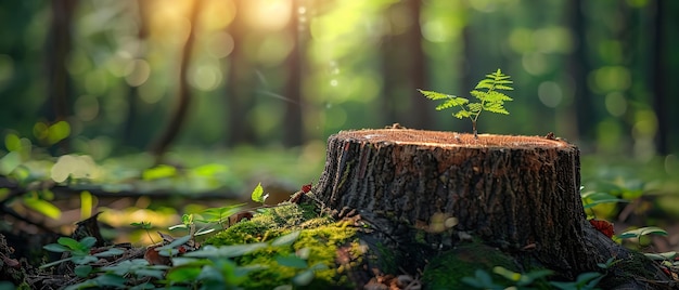 A close shot of tree shoot reappear on tree trunk with a big blurry nature backdrop and big space for text or product advertisement Generative AI